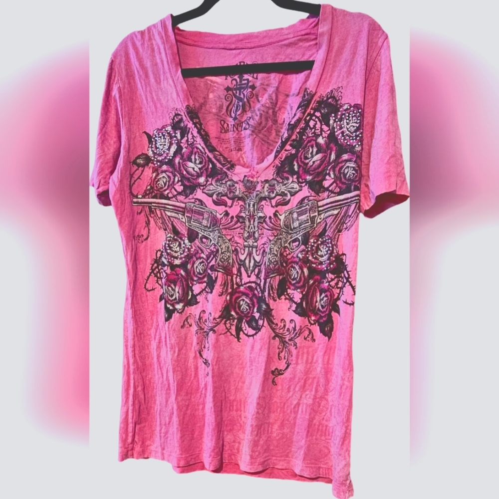 'Rebel Saints' Women's XL graphic tee by Affliction